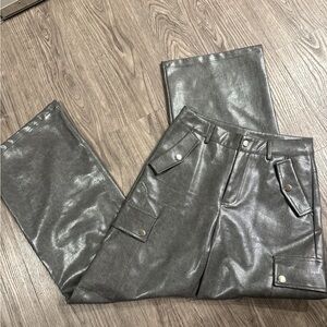 Fashion Nova Shiny Silver Cargo Trousers